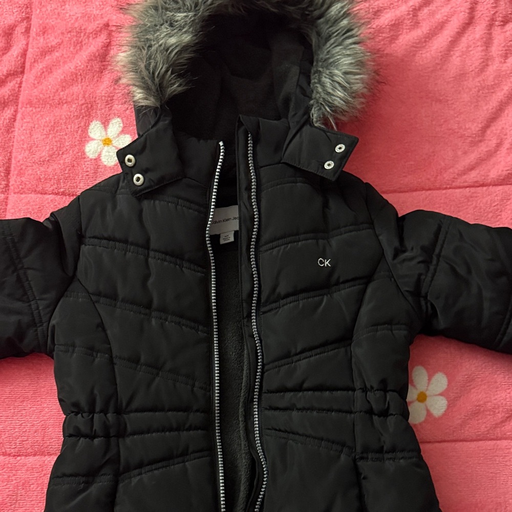 Calvin Klein Black Quilted Jacket with Faux Fur Trim